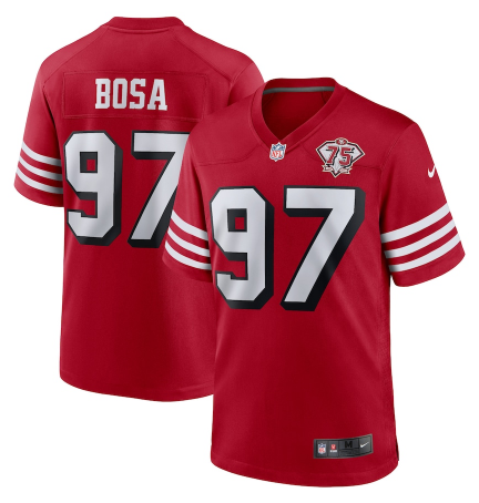 Men's San Francisco 49ers #97 Nick Bosa 2021 Scarlet 75th Anniversary Alternate Game Jersey Men's San Francisco 49ers #97 Nick Bosa 2021 Scarlet 75th Anniversary Alternate Game Jersey